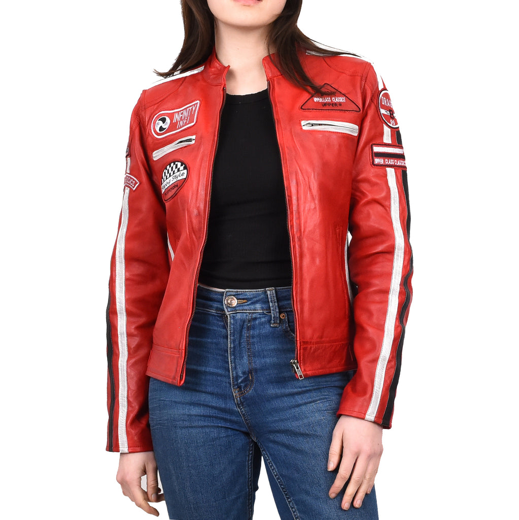 Women's Genuine Leather Biker Racing Badges Jacket Café Racer Red Rayne 7