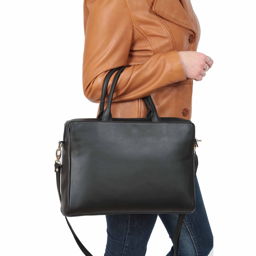 DR592 Women's Genuine Soft Leather Briefcase Black 7