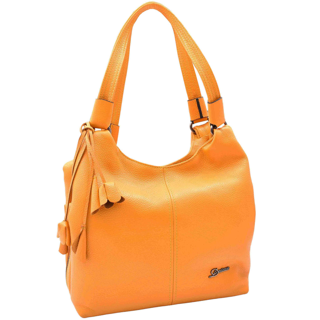 DR583 Women's Large Leather Hobo Bag With Zip Opening Yellow 7