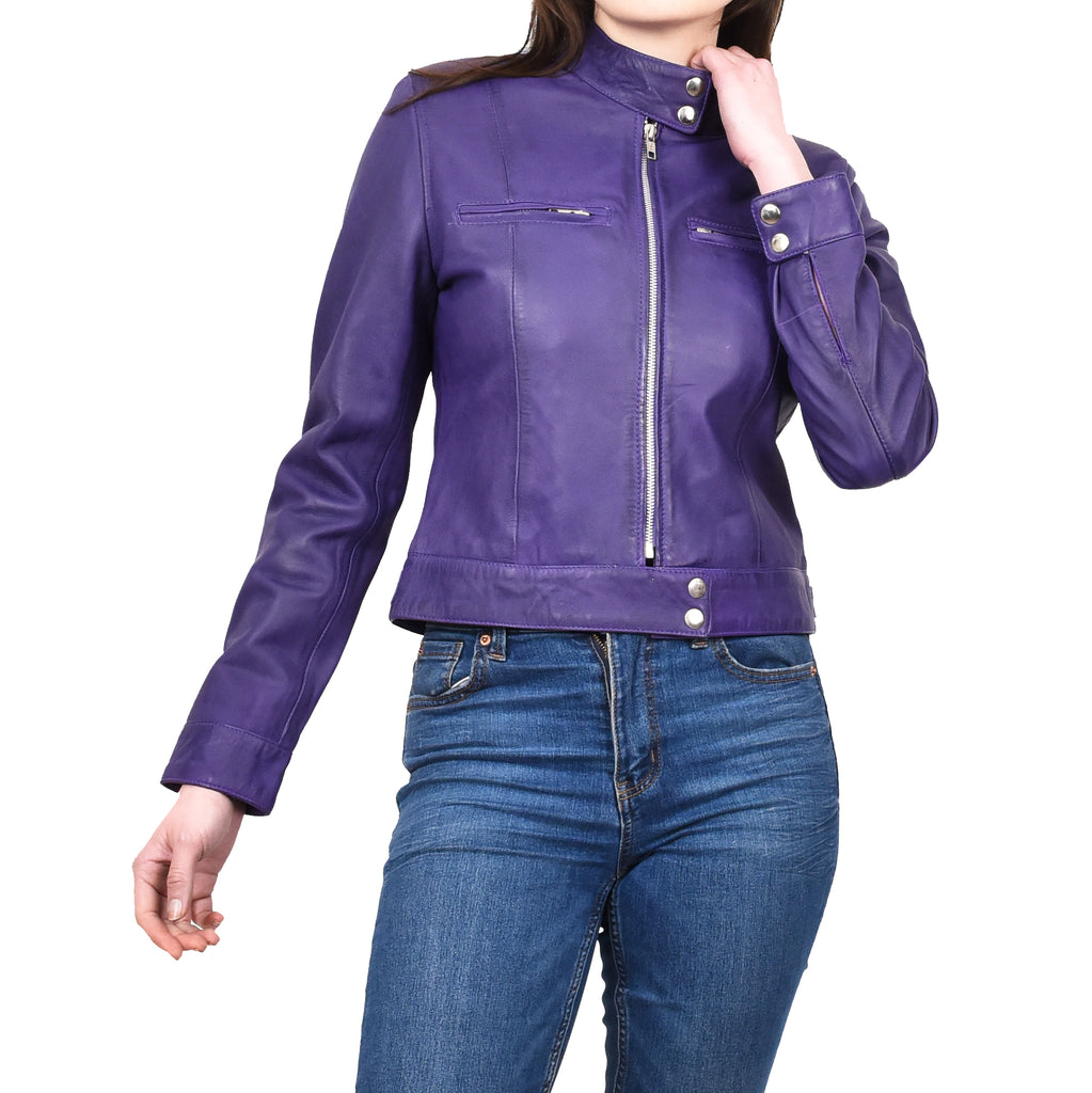 Women's Real Leather Biker Jacket Band Collar Short Slim Fit Trine Purple 7