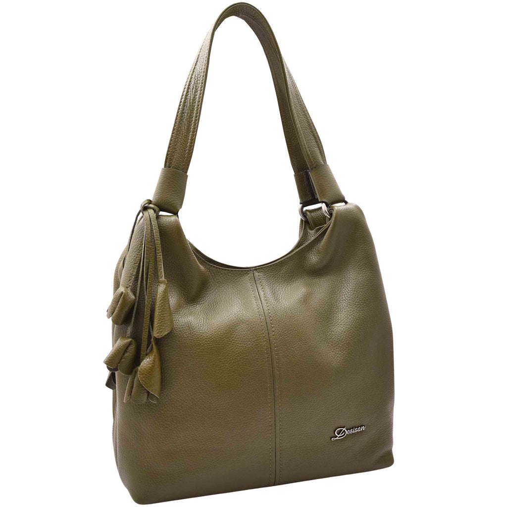 DR583 Women's Large Leather Hobo Bag With Zip Opening Olive 7