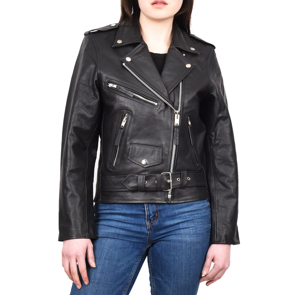 Women's Cowhide Leather Biker Jacket Brando Fringes Cross Zip Vinga Black 4