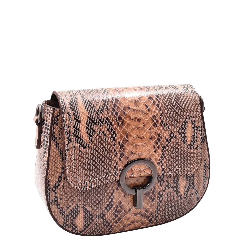DR578 Women's Genuine Leather Small Sized Cross Body Bag Snake Print Taupe 7