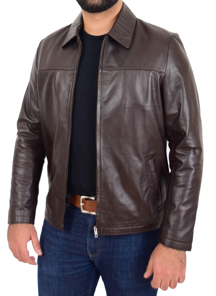 DR104 Men's Classic Zip Box Leather Jacket Brown 7