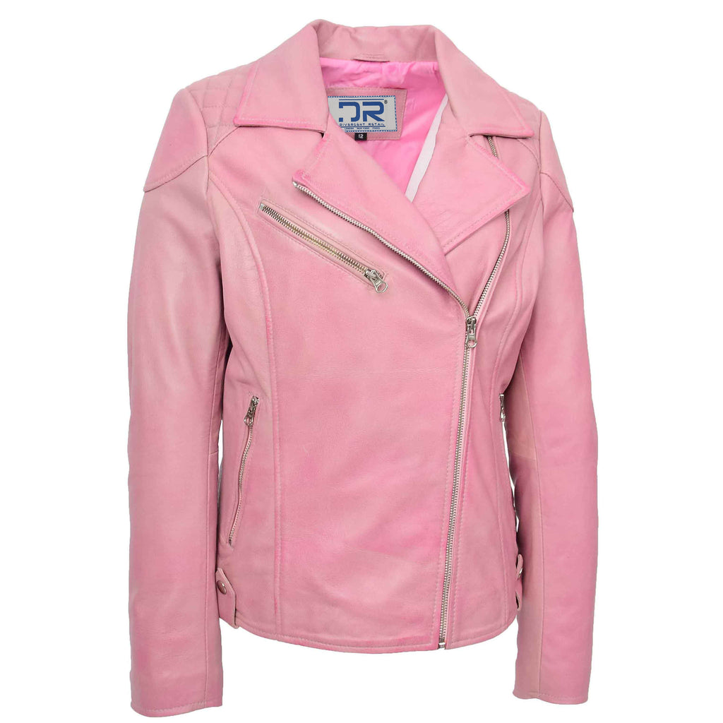DR570 Women's Cross Zip Pocketed Real Leather Biker Jacket Pink 6