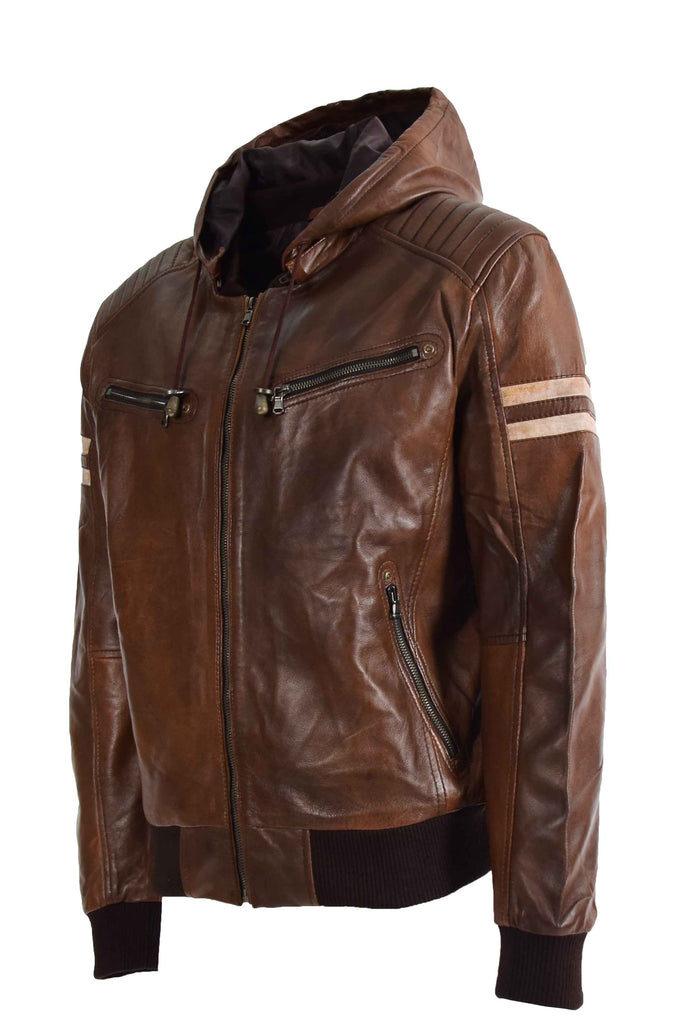 DR573 Men's Leather Zip Closure Bomber Jacket With Removable Hood Cognac 7