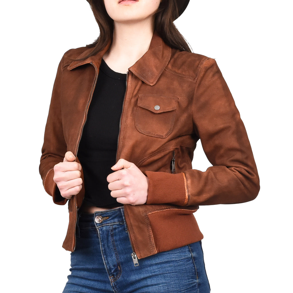 Women's Real Leather Bomber Jacket Slim Fit MA-1 Varsity Chloe Tan 7