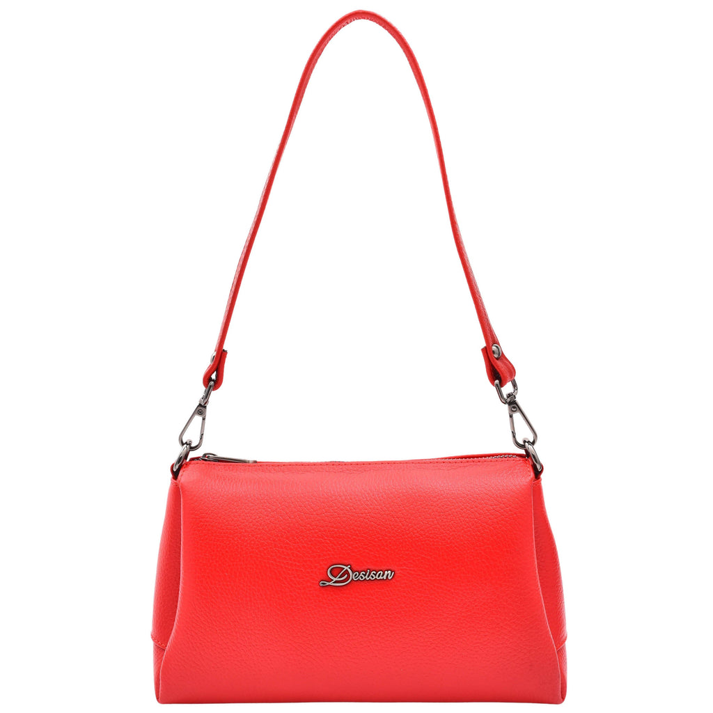 DR597 Women's Genuine Leather Small Zip Handbag Shoulder Bag Red 7