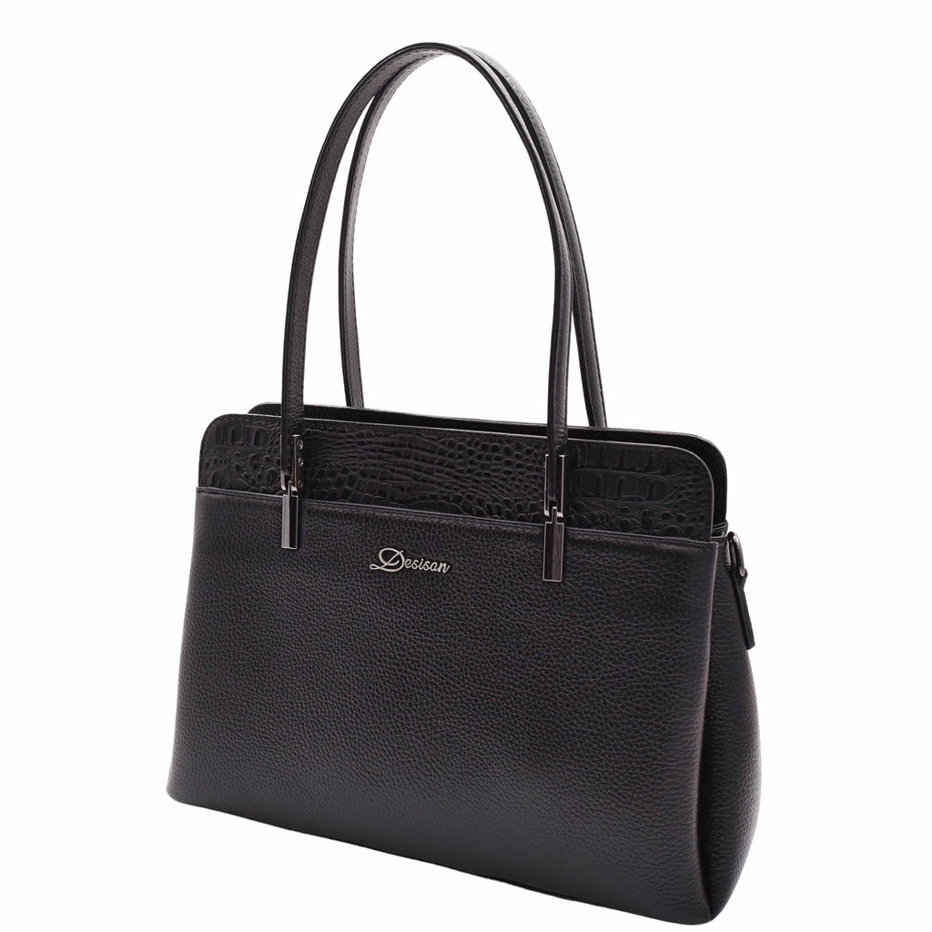 DR589 Women's Leather Medium Size Tote Zip Shoulder Bag Black 7