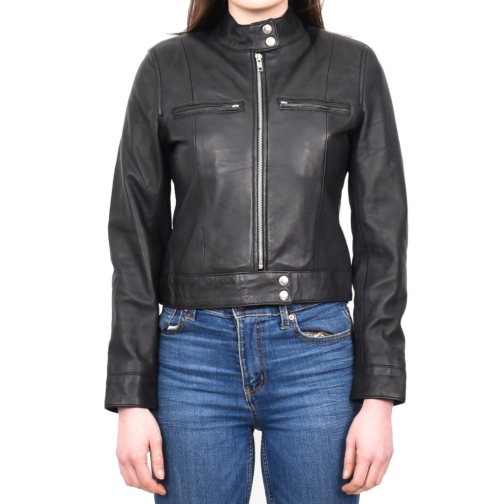 Women's Real Leather Biker Jacket Band Collar Short Slim Fit Trine Black 3