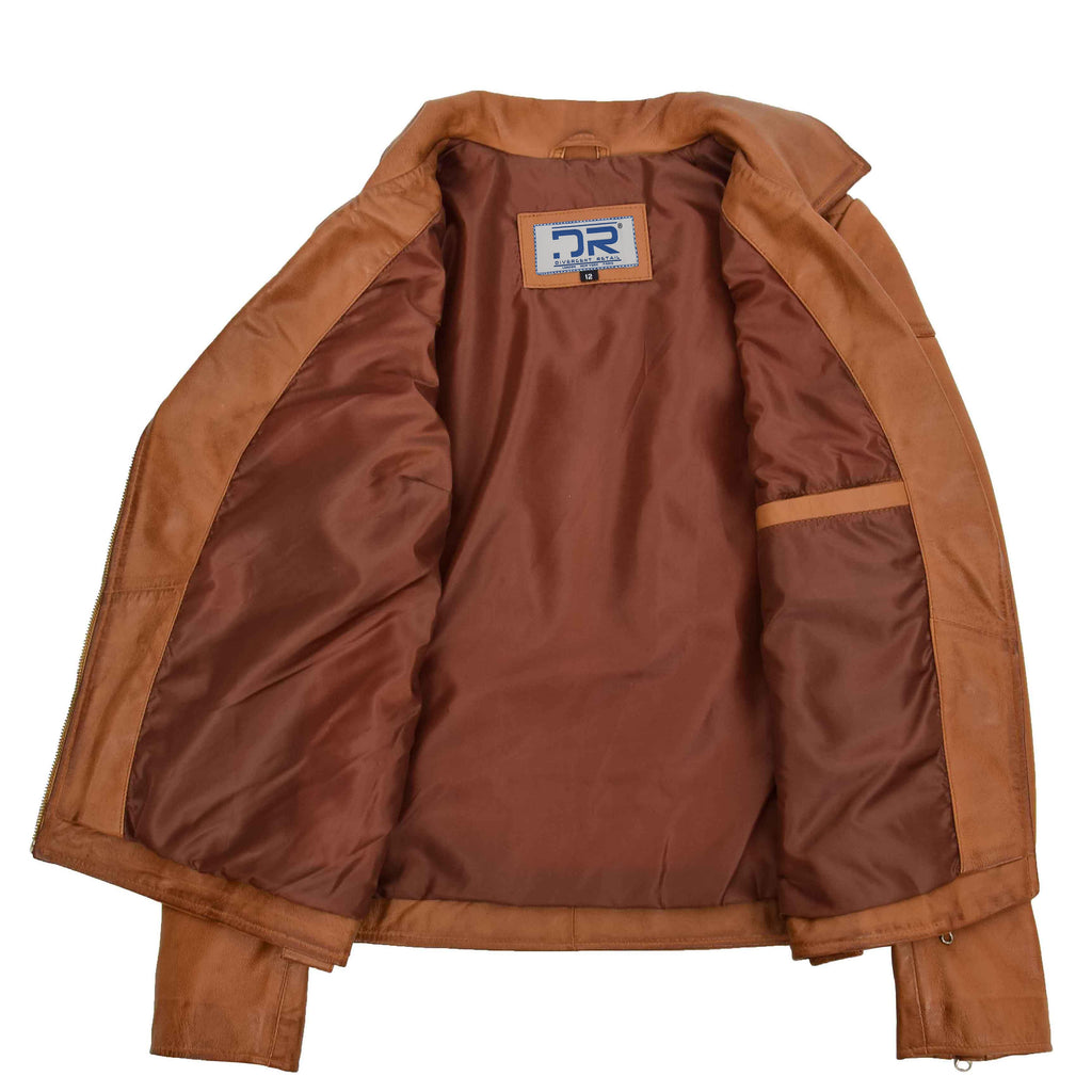 DR570 Women's Cross Zip Pocketed Real Leather Biker Jacket Tan 7