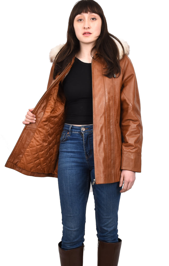 Women's Real Leather Coat with Fur Hood Winter Tan Chicora 8