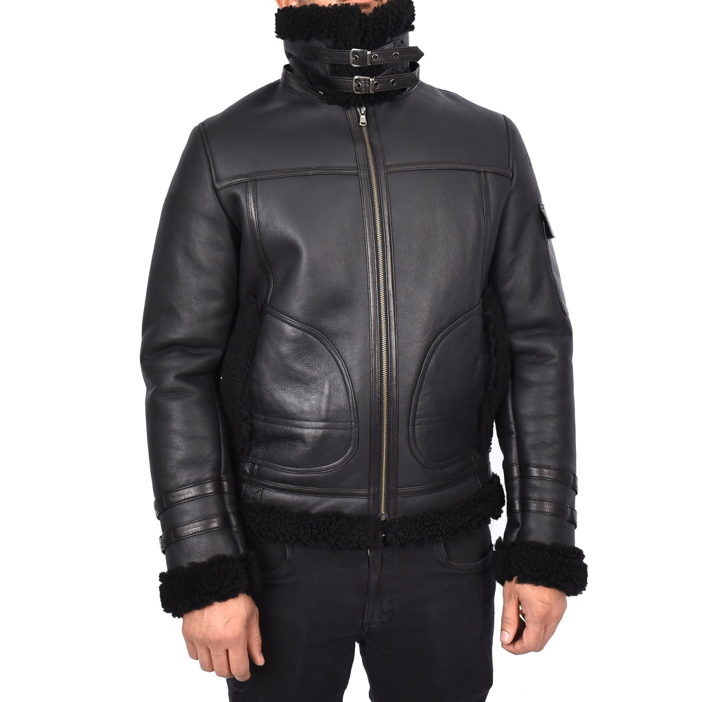 Mens Retro Biker Real Sheepskin Jacket Motorcycle Style Magnus Black 7