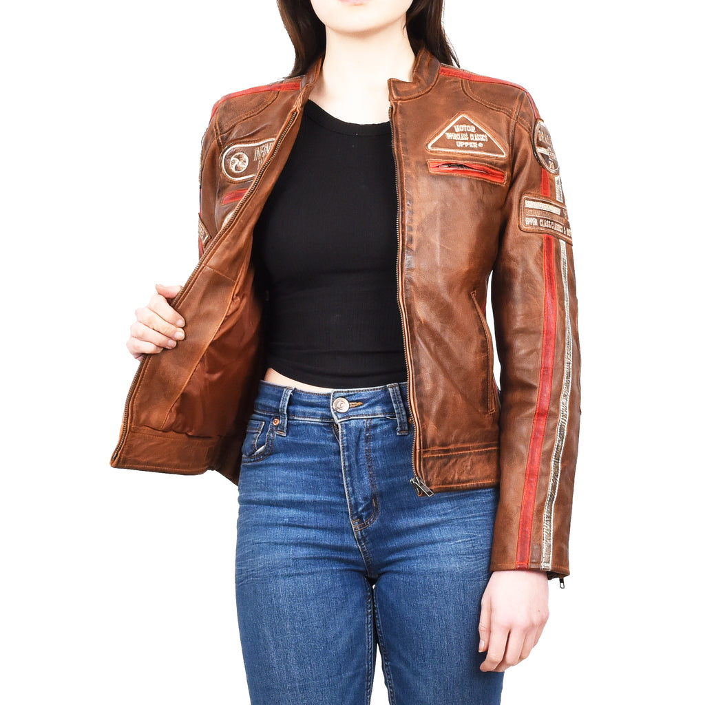 Women's Genuine Leather Biker Racing Badges Jacket Café Racer Tan Rayne 8