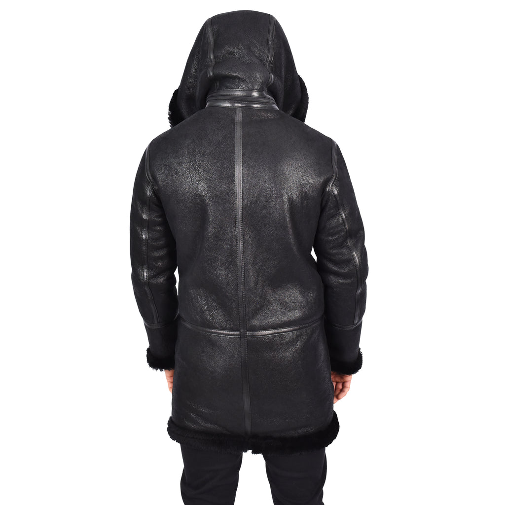 Mens Winter Sheepskin Hooded Duffel Coat ¾ Length Shearling Ronald Black 7