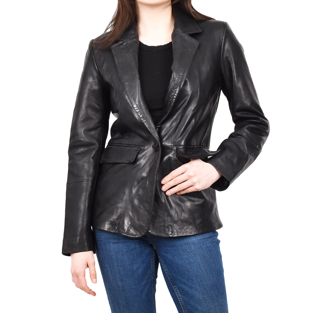 Women's Sheep Leather Single Button Blazer Jacket Classic Lilja Black 5