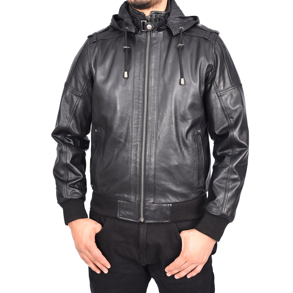 Men's Soft Sheep Nappa Leather Bomber Jacket Removable Hood Kent Black 7