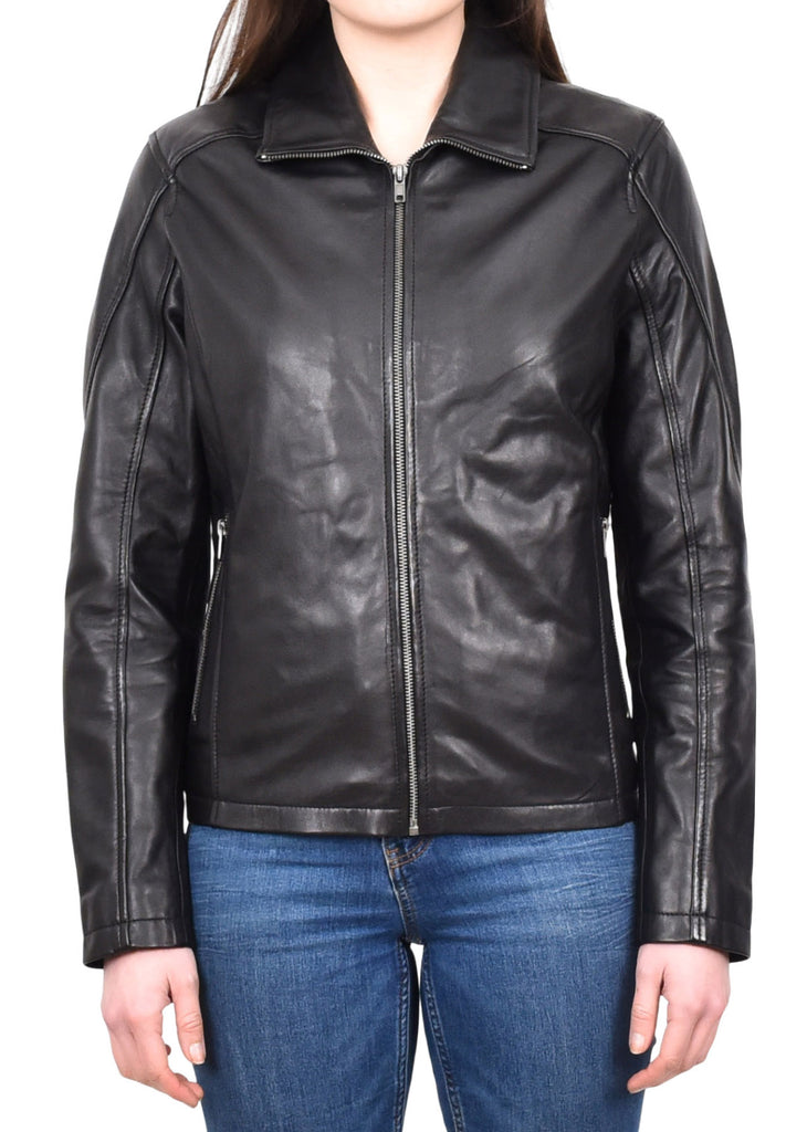 Women's Classic Box Zip Up Biker Genuine Leather Jacket Raven Black