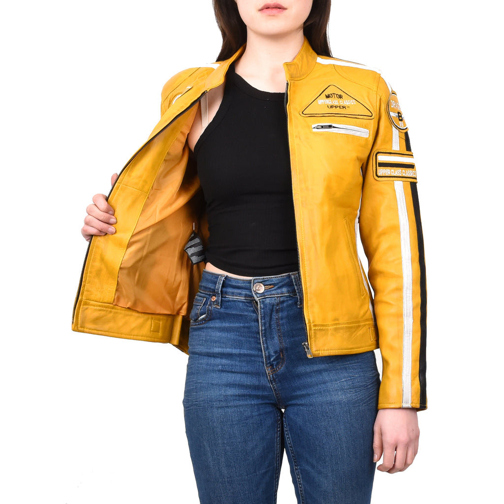 Women's Genuine Leather Biker Racing Badges Jacket Café Racer Yellow Rayne 8