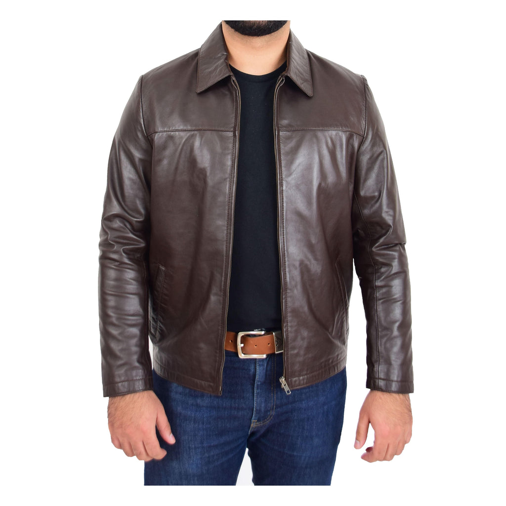 DR104 Men's Classic Zip Box Leather Jacket Brown 1