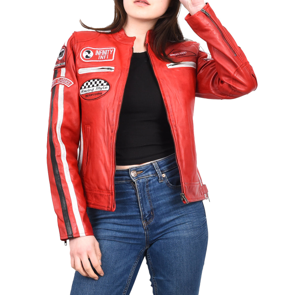 Women's Genuine Leather Biker Racing Badges Jacket Café Racer Red Rayne 8