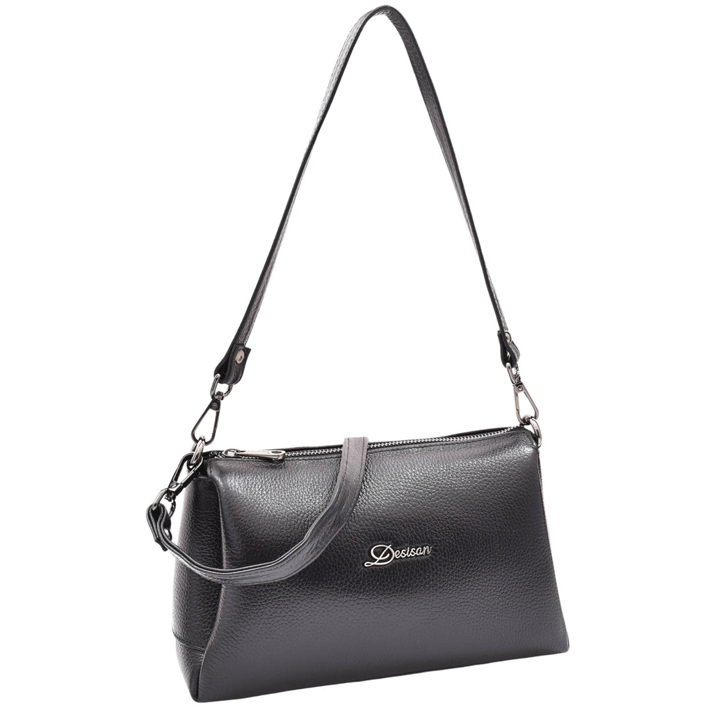 DR597 Women's Genuine Leather Small Zip Handbag Shoulder Bag Black 8