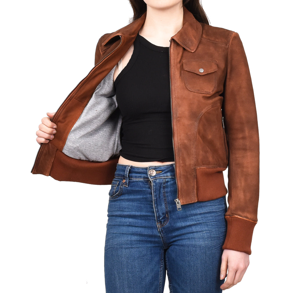 Women's Real Leather Bomber Jacket Slim Fit MA-1 Varsity Chloe Tan 8