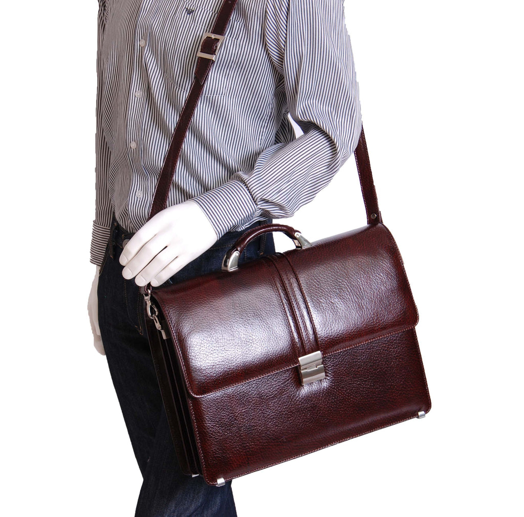 DR600 Men's Genuine Leather Cross Body Briefcase Brown 9