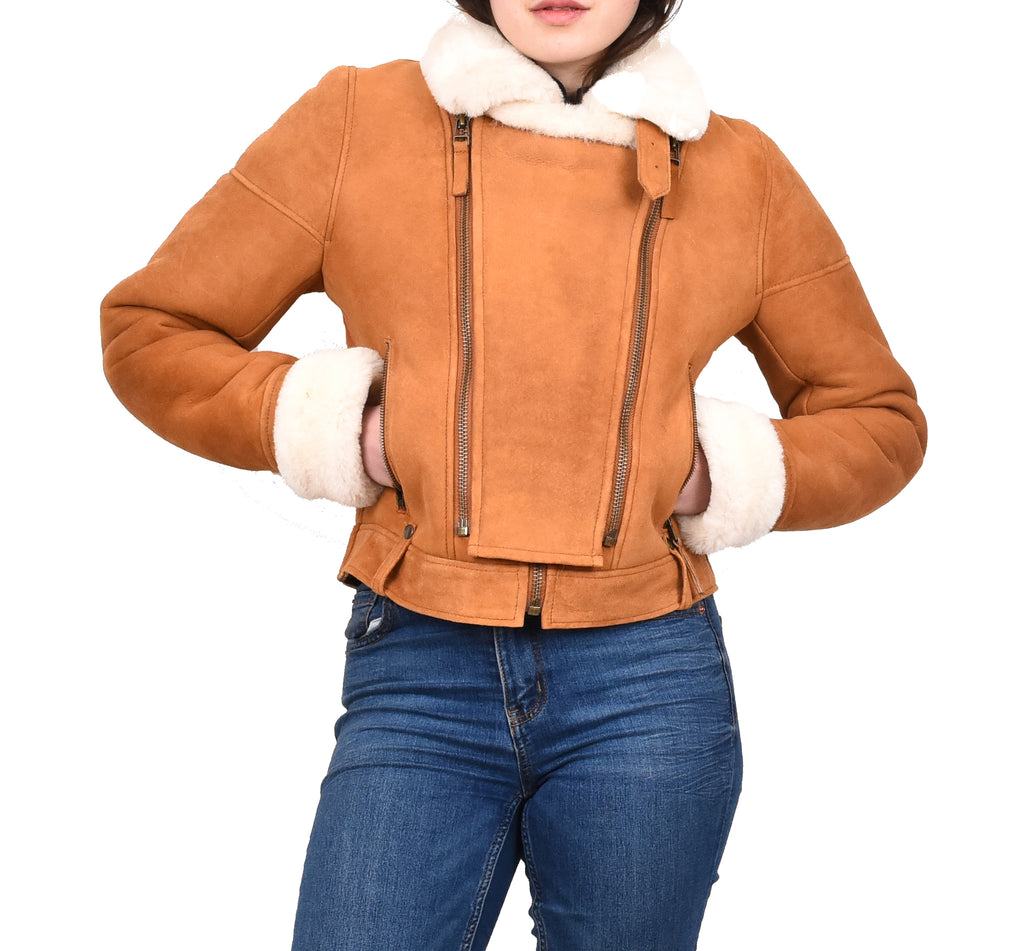 DR250 Women's Real Sheepskin Celebrity Style Jacket Tan 9