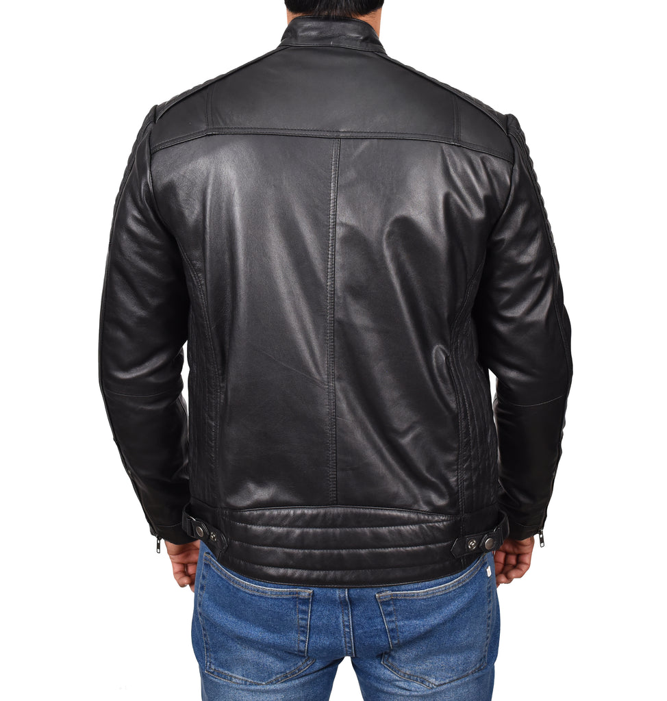 DR101 Men's Leather Cafe Racer Biker Jacket Black 8