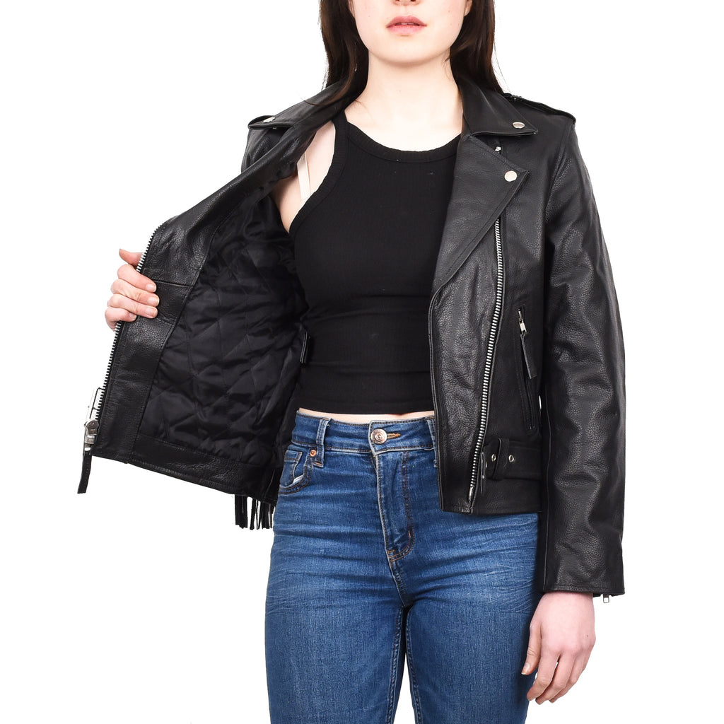 Women's Cowhide Leather Biker Jacket Brando Fringes Cross Zip Vinga Black 9