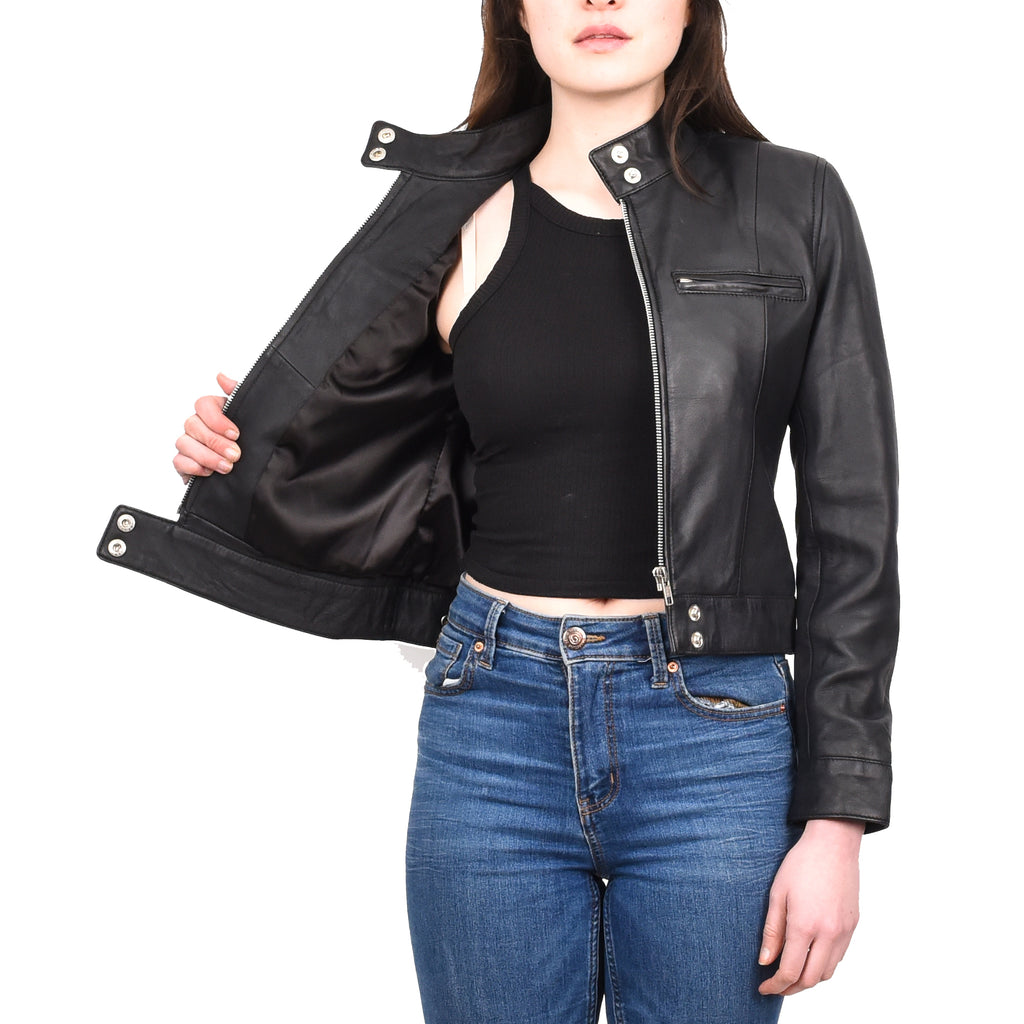 Women's Real Leather Biker Jacket Band Collar Short Slim Fit Trine Black 8