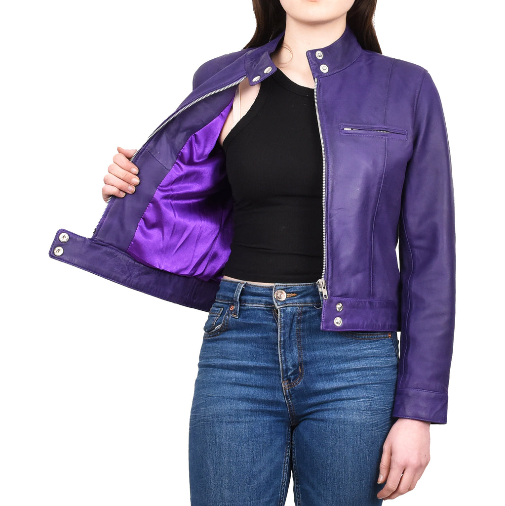 Women's Real Leather Biker Jacket Band Collar Short Slim Fit Trine Purple 10