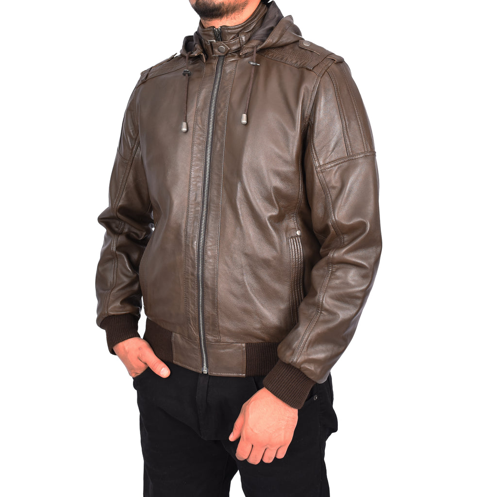 Men's Soft Sheep Nappa Leather Bomber Jacket Removable Hood Kent Brown 7