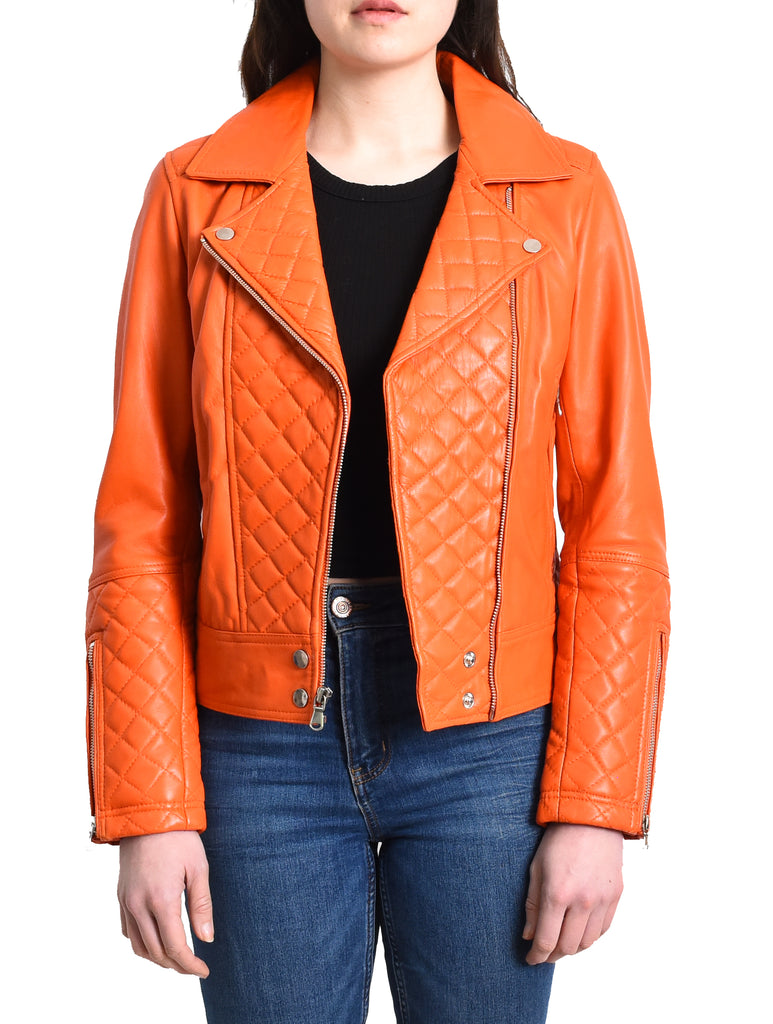 DR238 Women's Leather Biker Jacket with Quilt Detail Orange 11