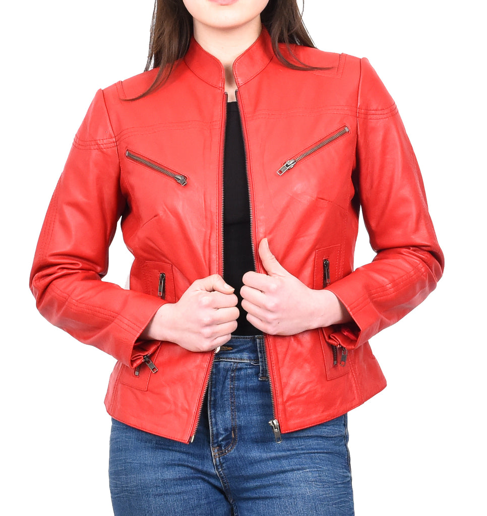 DR200 Ladies Classic Casual Biker Leather Jacket Red 8