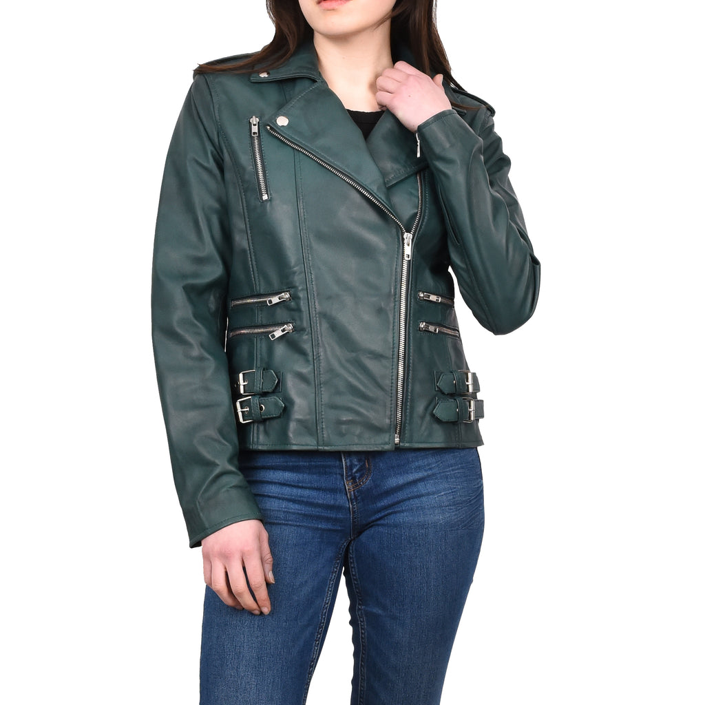 Women’s Trendy Biker Genuine Leather Jacket Teal Revolve 1