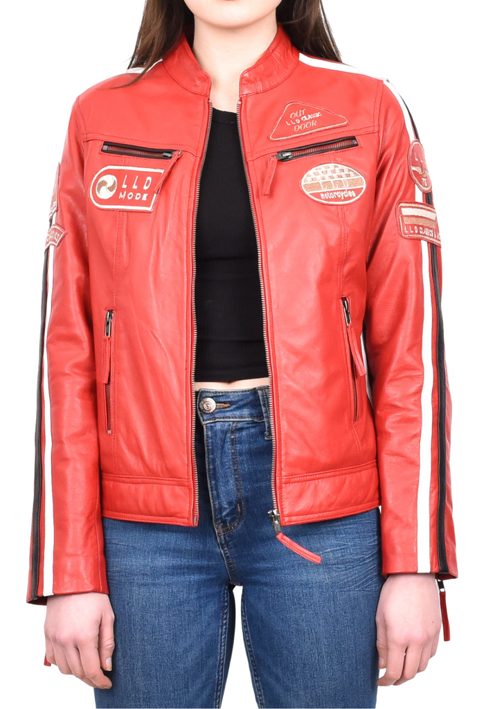 DR674 Women's Soft Real Leather Racing Biker Jacket Red 8