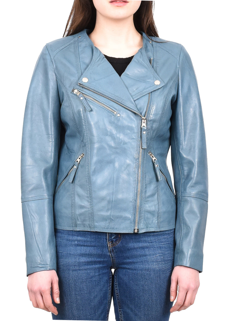 DR572 Women's Casual Cross Zip Leather Jacket Teal 8