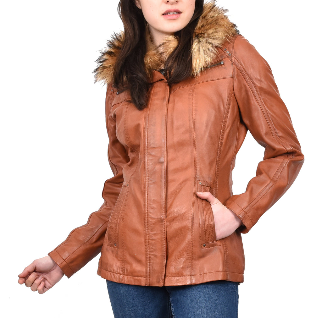 DR258 Women's Leather Jacket with Detachable Collar Cognac 9