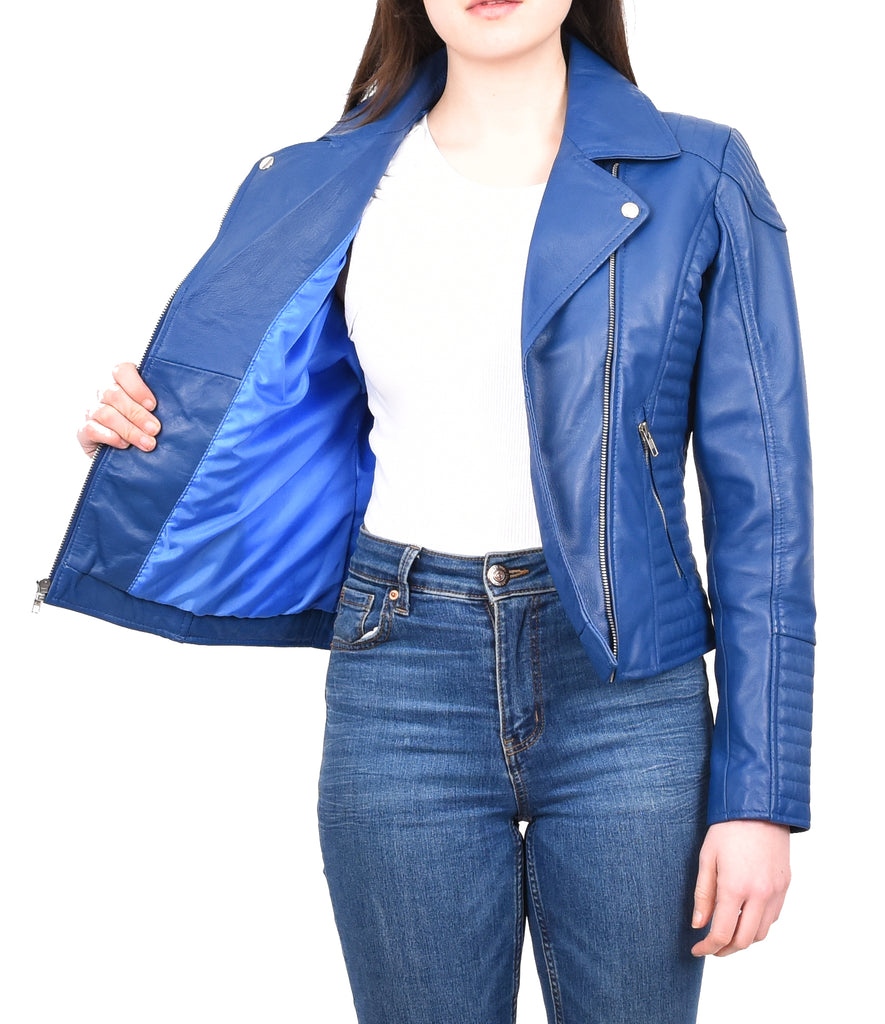 DR206 Women's Soft Leather Cross Zip Biker Jacket Blue 11