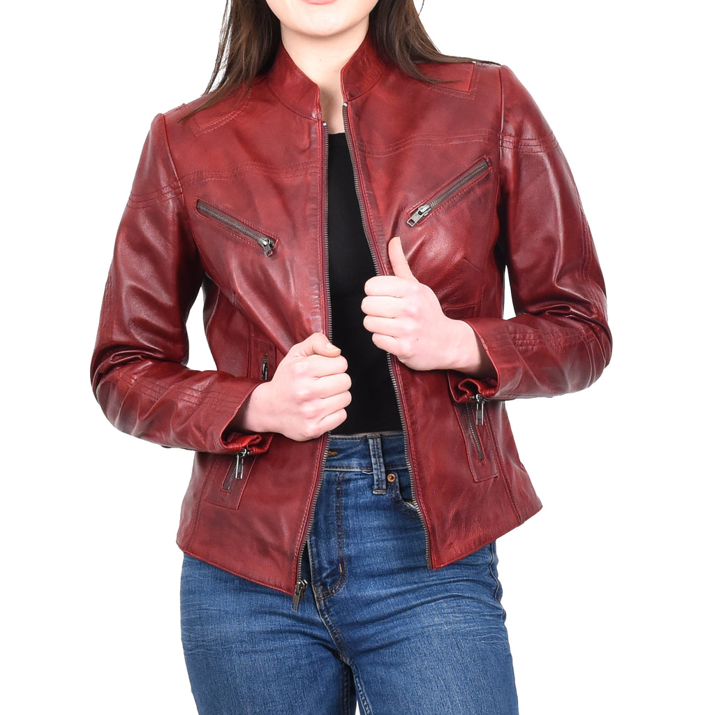 DR200 Ladies Classic Casual Biker Leather Jacket Barn Red 8