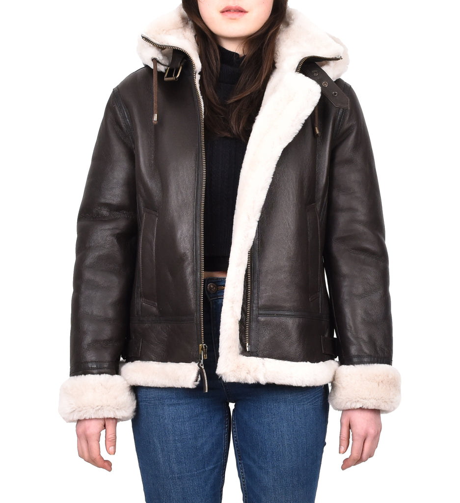 DR248 Women's Real Sheepskin Winter Warm Jacket Brown 6