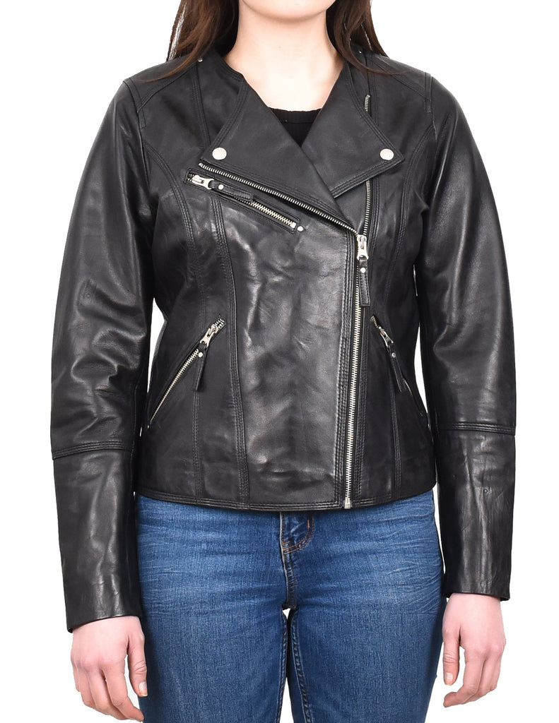 DR572 Women's Casual Cross Zip Leather Jacket Black 8