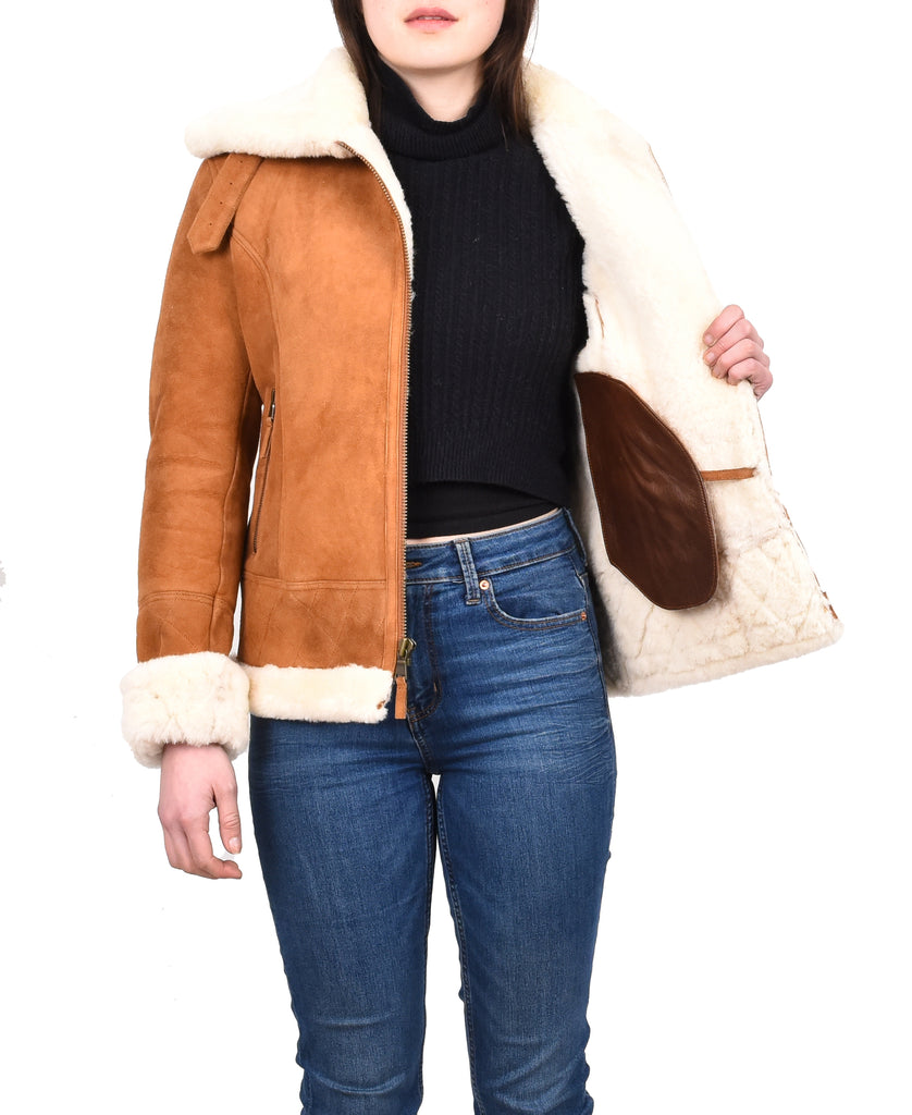 DR533 Women's Real Sheepskin Aviator Jacket Tan 7