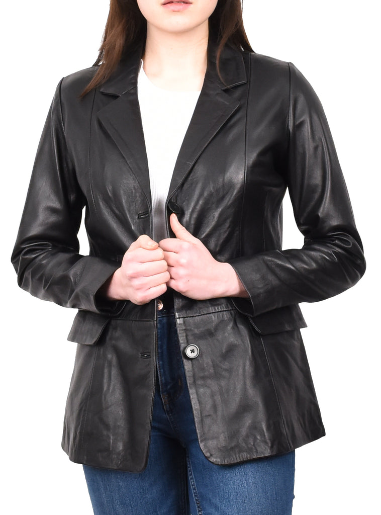 DR215 Women's Classic Three Button Leather Blazer  Black 8