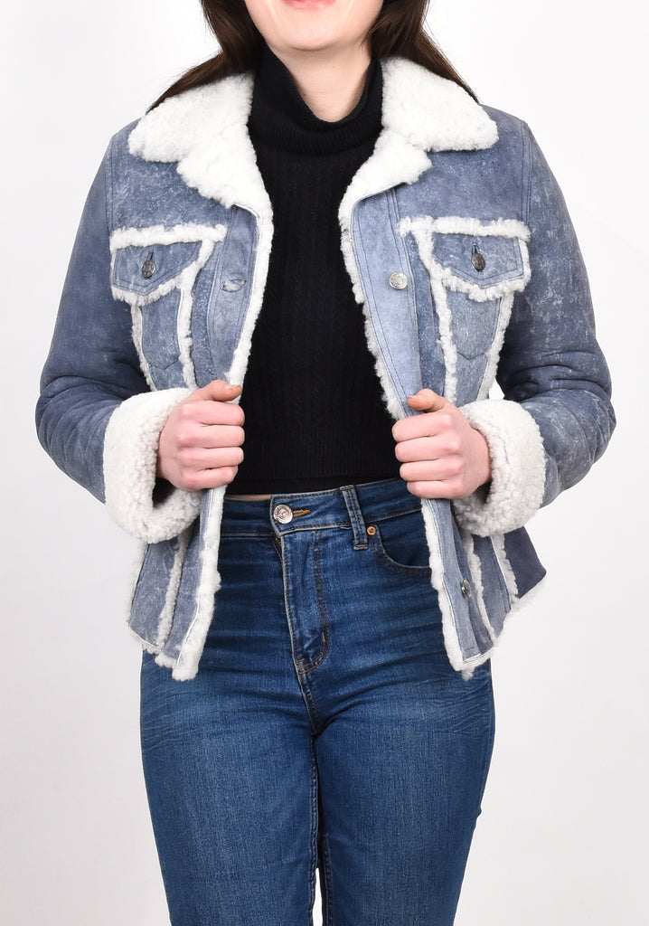 DR239 Women's Real Sheepskin Trucker Jacket Denim Blue 9