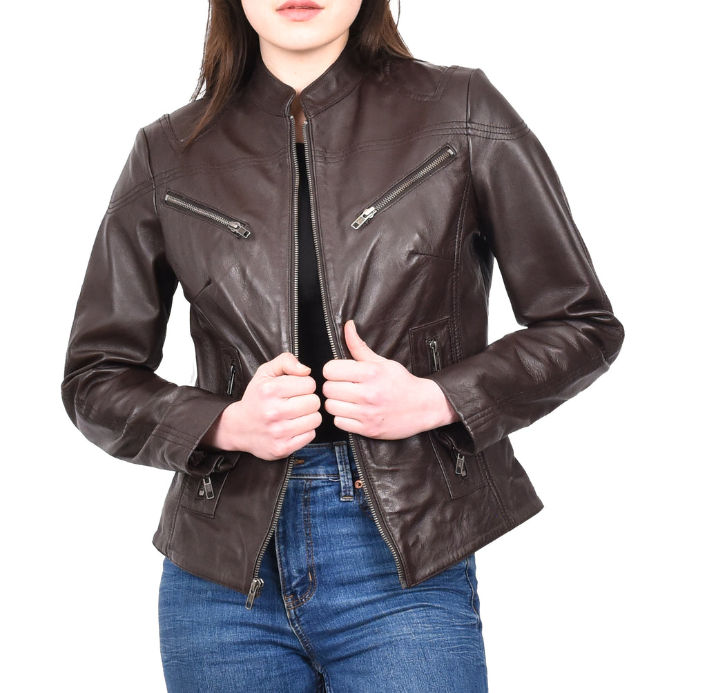 DR200 Ladies Classic Casual Biker Leather Jacket Brown 8