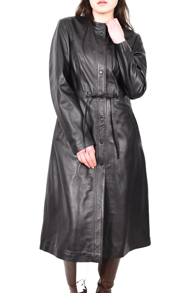 DR240 Women's Real Leather Slim Fit Trench Overcoat Black 9