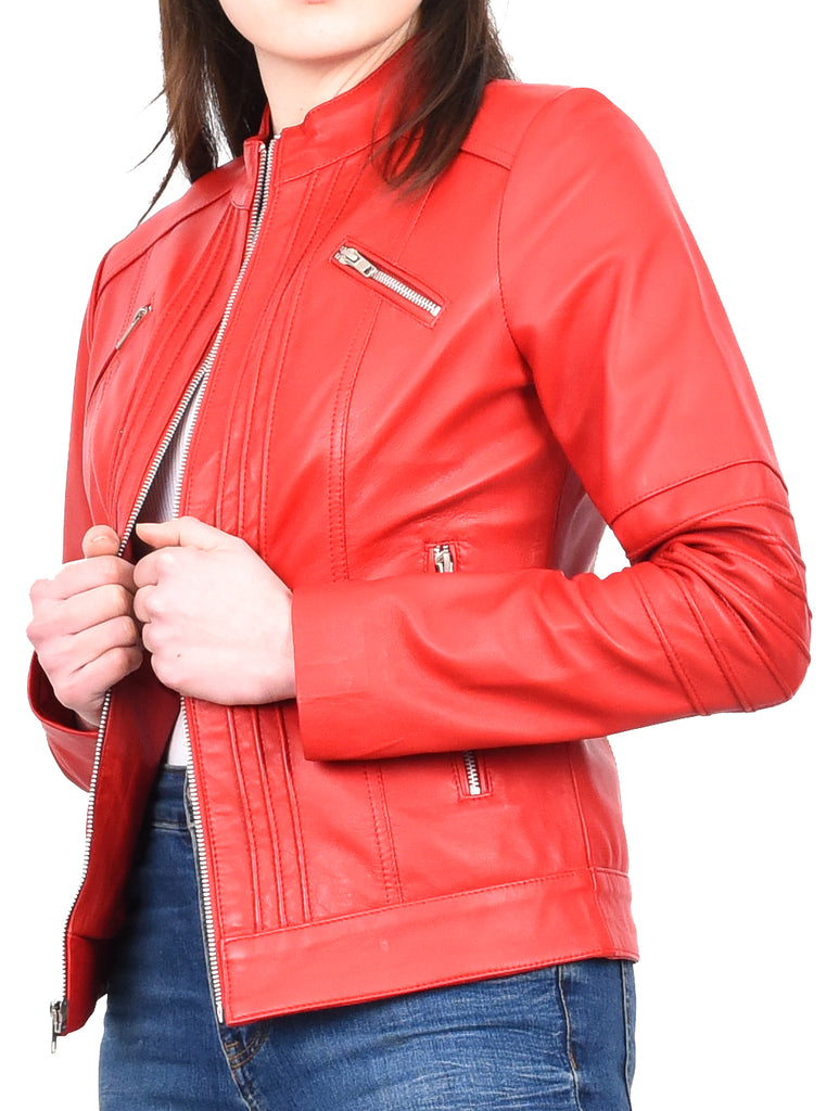 DR222 Women's Casual Biker Leather Jacket Red 8